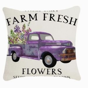 NEW SPRING/EASTER FARM FRESH FLOWERS PURPLE VTG TRUCK LINEN PILLOW COVER 17.7"